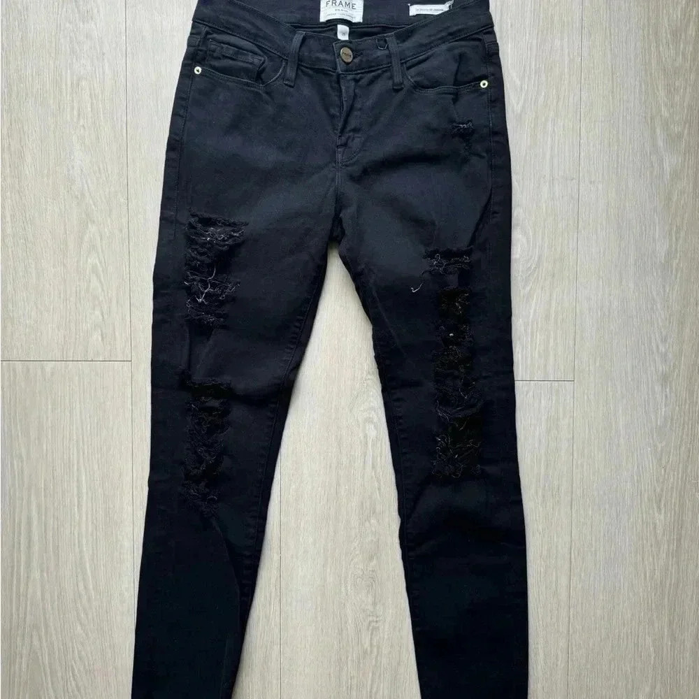 Frame Denim Jeans Women's Le Skinny de Jeanne Distress Made In USA Black - Picture 2 of 8